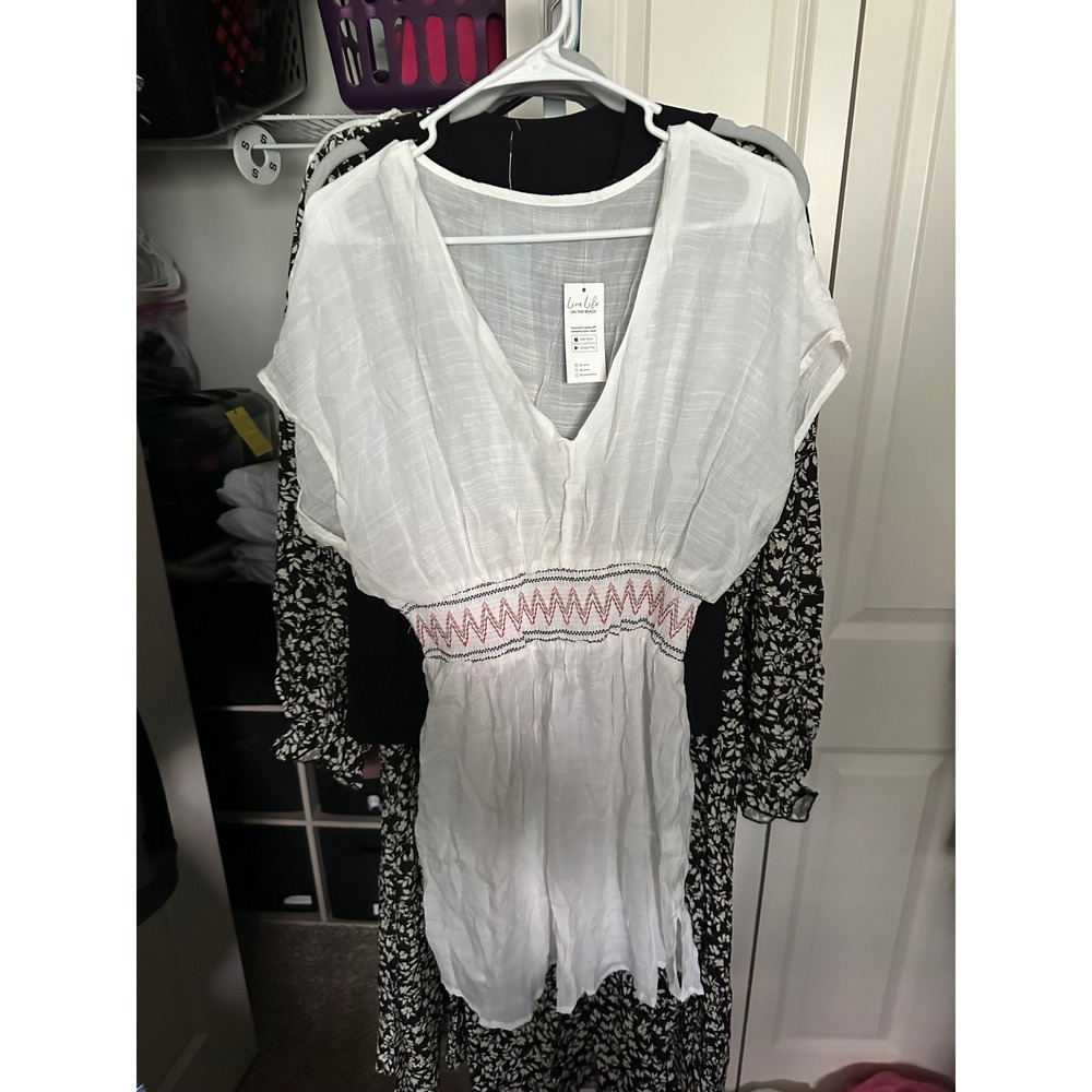 White Smocked Embroidered Swim Cover Up Dress - Picture 7 of 8